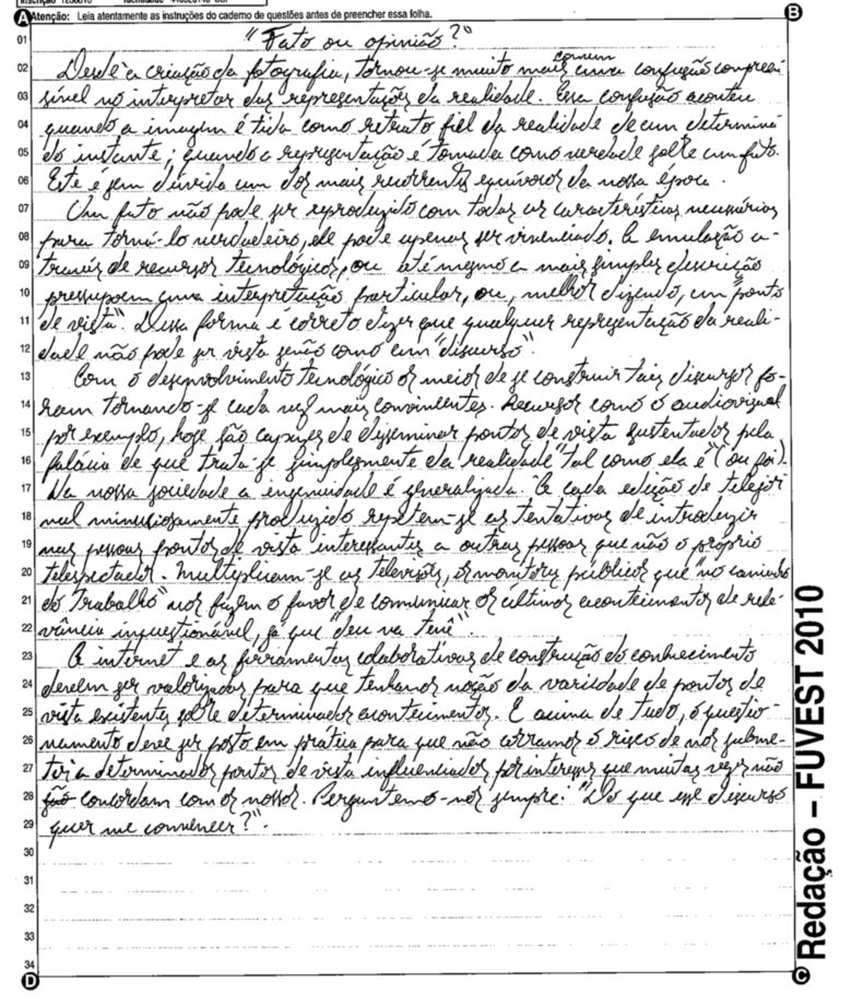 Melhores redações da Fuvest 2010: 'Fato ou opinião?'