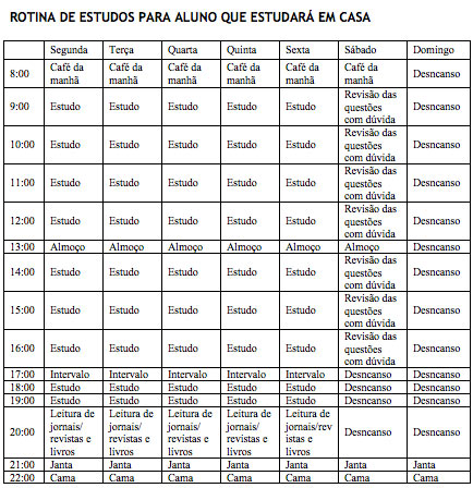 Tabela de horário de estudos para aluno que estudará em casa