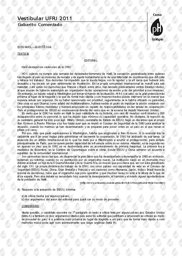 UFRJ 2011: Questão 4 – Espanhol