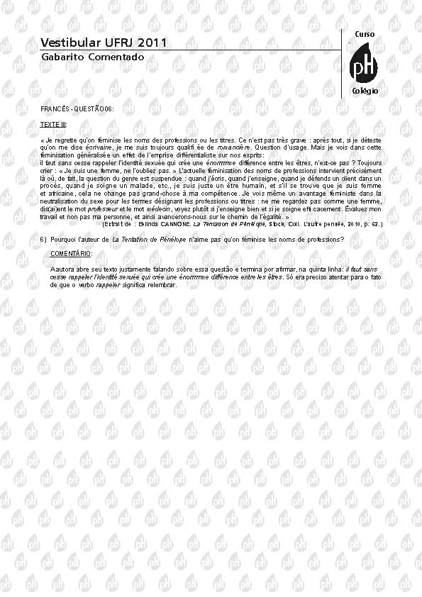 UFRJ 2011: Quest&atilde;o 6 &ndash; Franc&ecirc;s