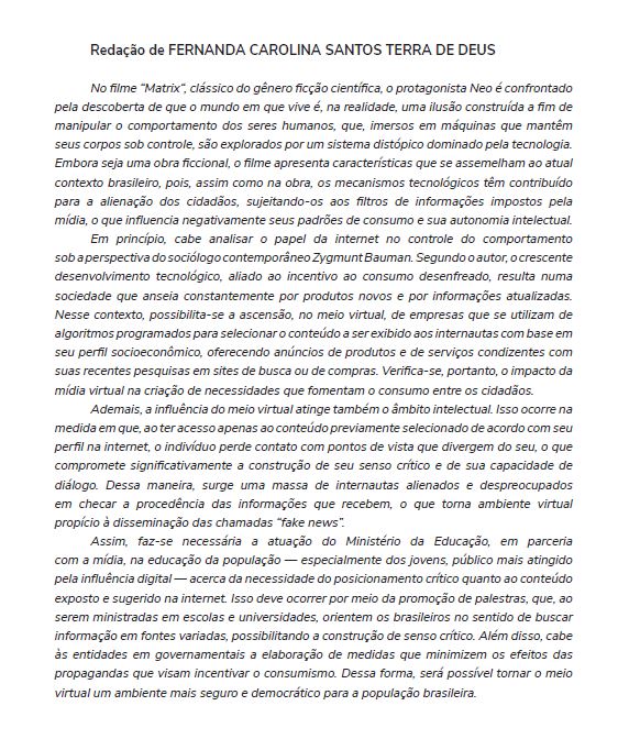 redação fernanda Confira redações nota mil do Enem e veja como se inspirar nelas